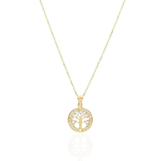 14k Yellow Gold White Zirconia Tree Of Life Medallion Pendant 15mm