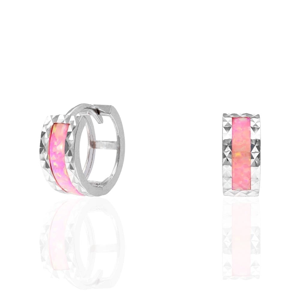 14k White Gold Diamond Cut Fire Opal Huggie Hoop Earrings 0.5"