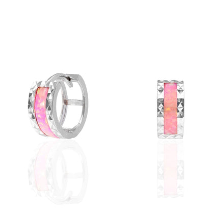 14k White Gold Diamond Cut Fire Opal Huggie Hoop Earrings 0.5"