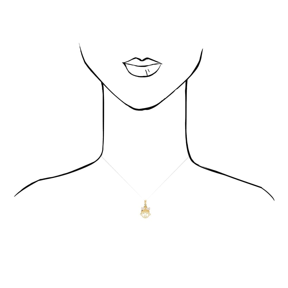 14K Yellow Gold White Zircon Girl Bow Pendant Cable Chain Necklace 16-18" adjust