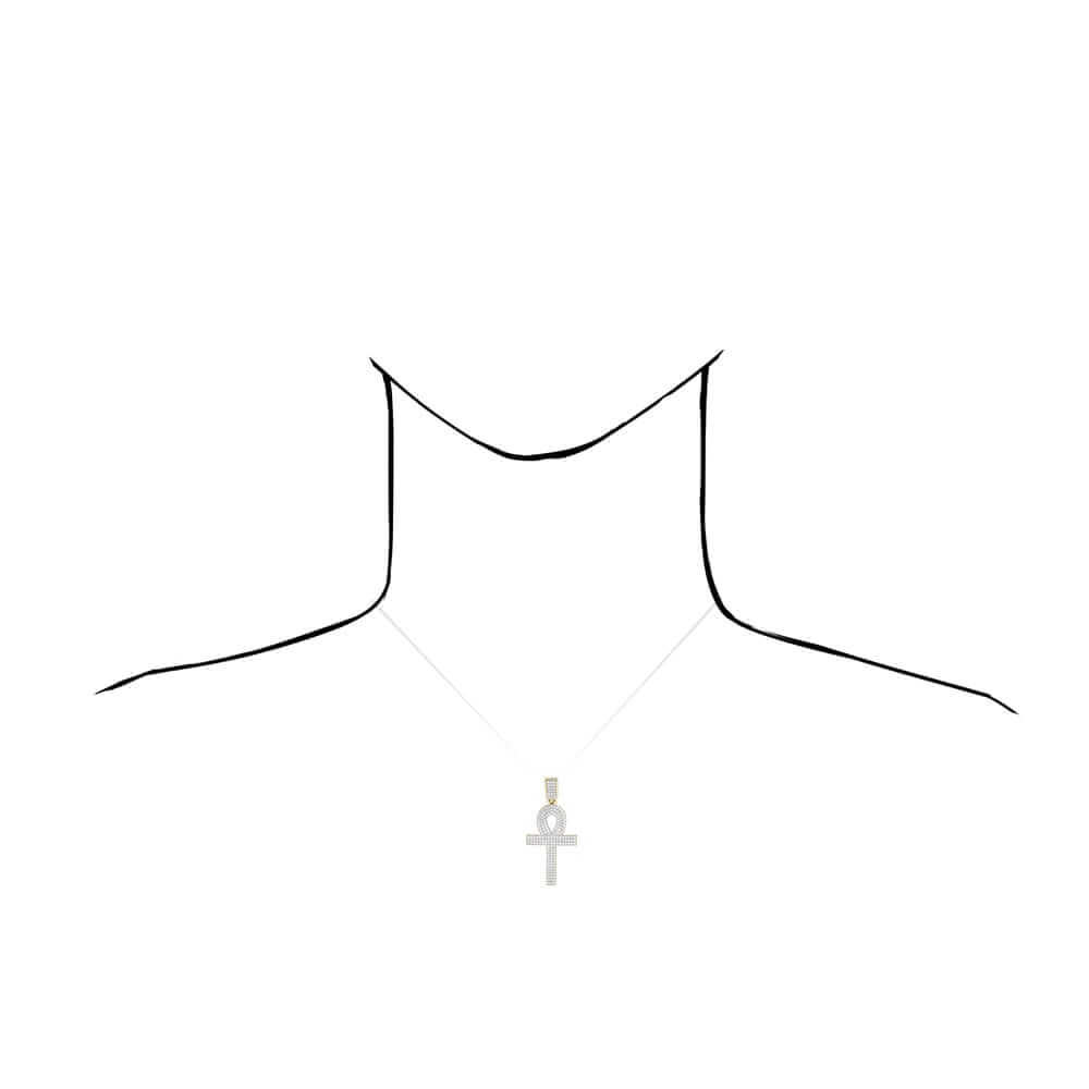 14K Yellow Gold CZ Egyptian Ankh Cross Pendant 2"-2.8"