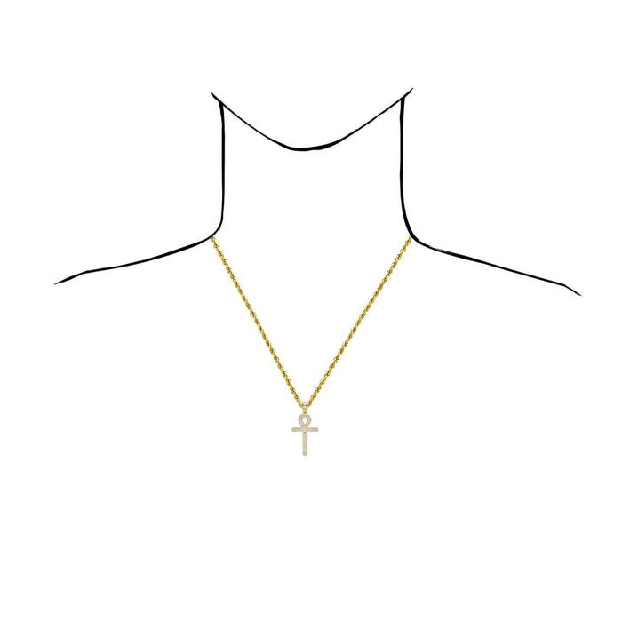 14K Yellow Gold CZ Pave Ankh Cross Pendant 1.8"