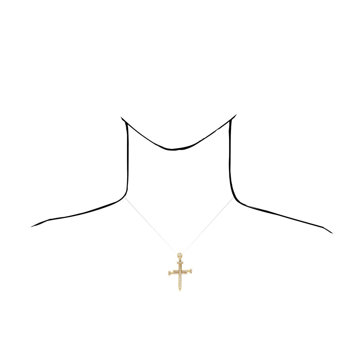 Solid 14K Yellow Gold CZ Nail Cross Pendant 1.9"-2.8"