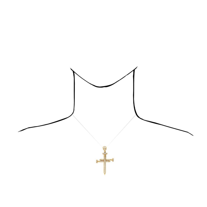 Solid 14K Yellow Gold CZ Nail Cross Pendant 1.9"-2.8"