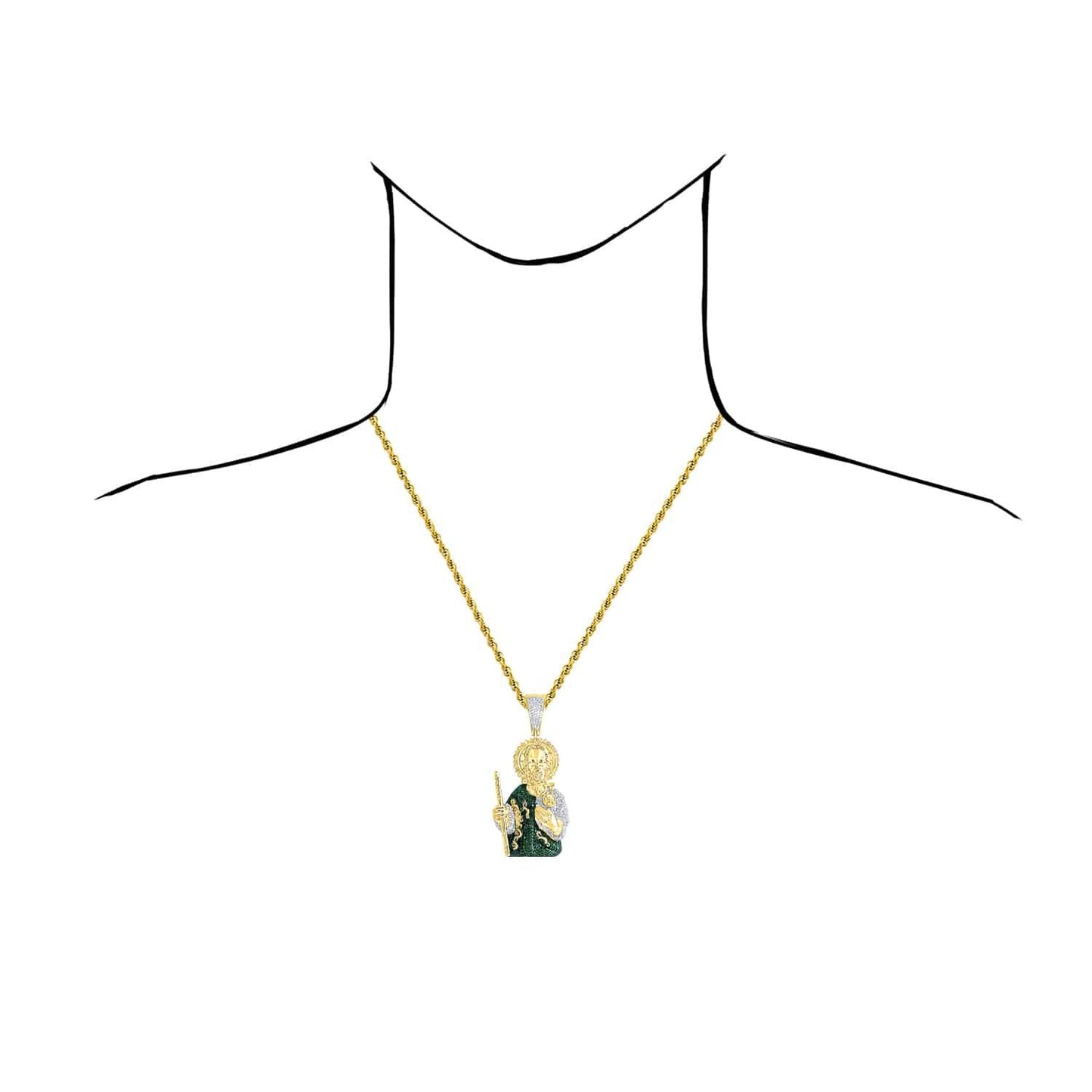 6.25CTW Real Diamond & Emerald 10K Yellow Gold St Jude Charm Pendant 3"
