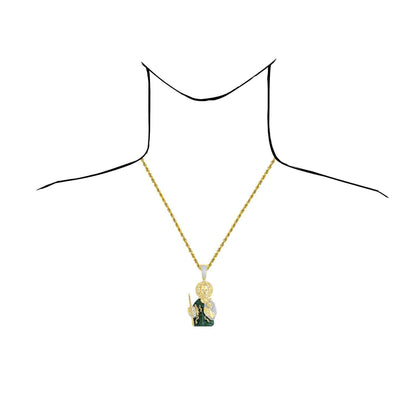 6.25CTW Real Diamond & Emerald 10K Yellow Gold St Jude Charm Pendant 3"
