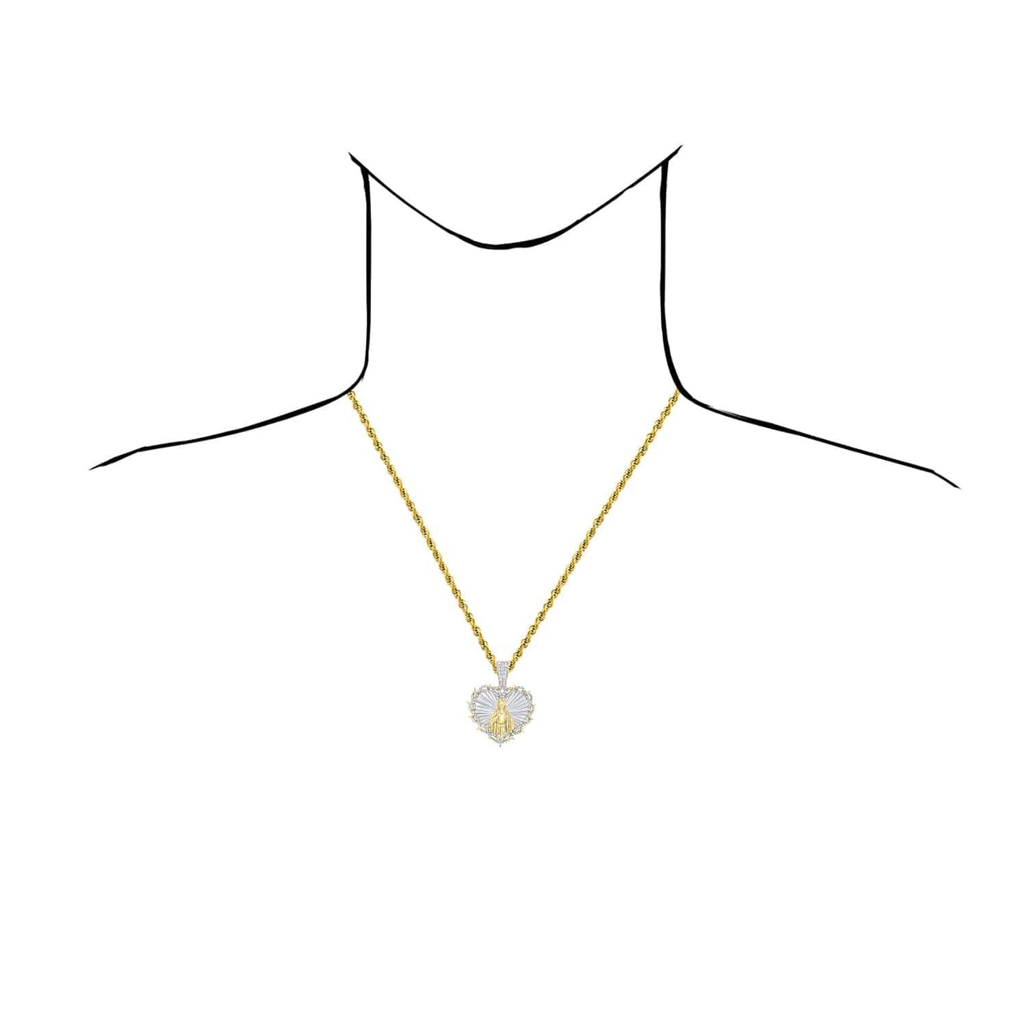 0.75CTW Real Diamond 10K Gold Two-Tone Heart Mother Mary Pendant 1.65"