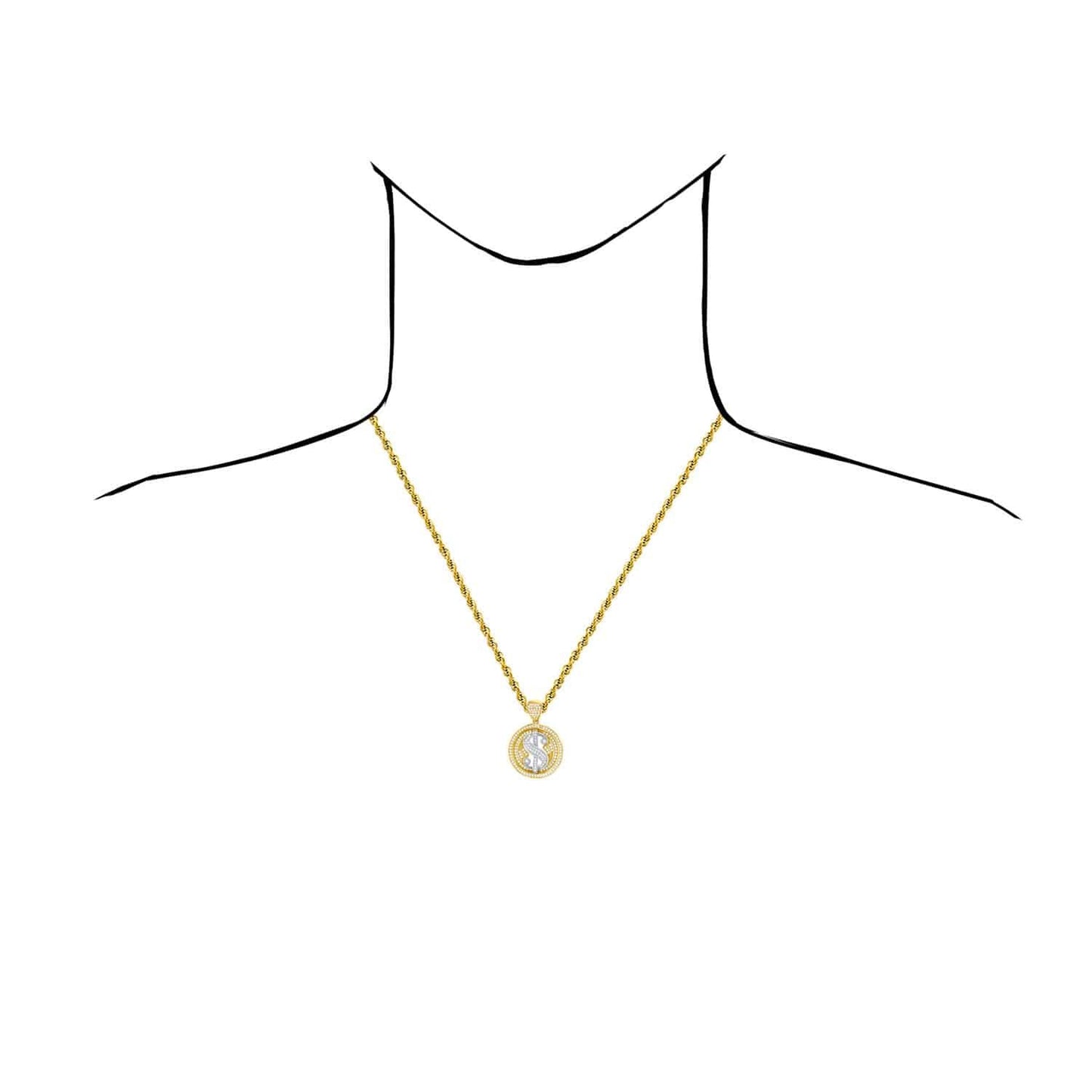 14K Real Gold Two-Tone Yellow White CZ Dollar Sign Round Pendant 1.45"