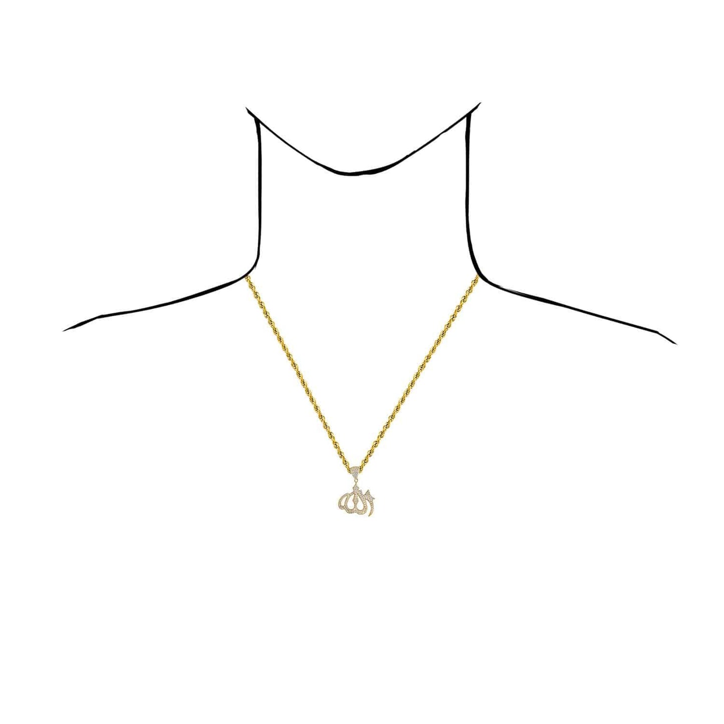 14K Real Gold CZ Allah Pendant 1.4"