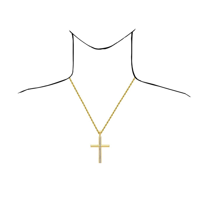 14K Gold Yellow White Diamond - Cut Stripe Cross Pendant 3.2" - WJD Exclusives