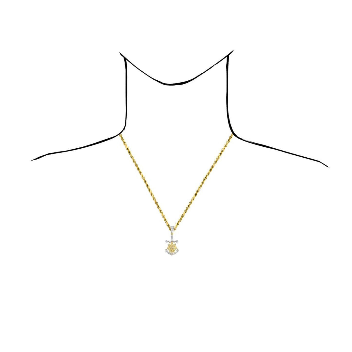 0.62CTW Real Diamond 10K Yellow Gold Anchor Mother Mary Pendant 1.7"