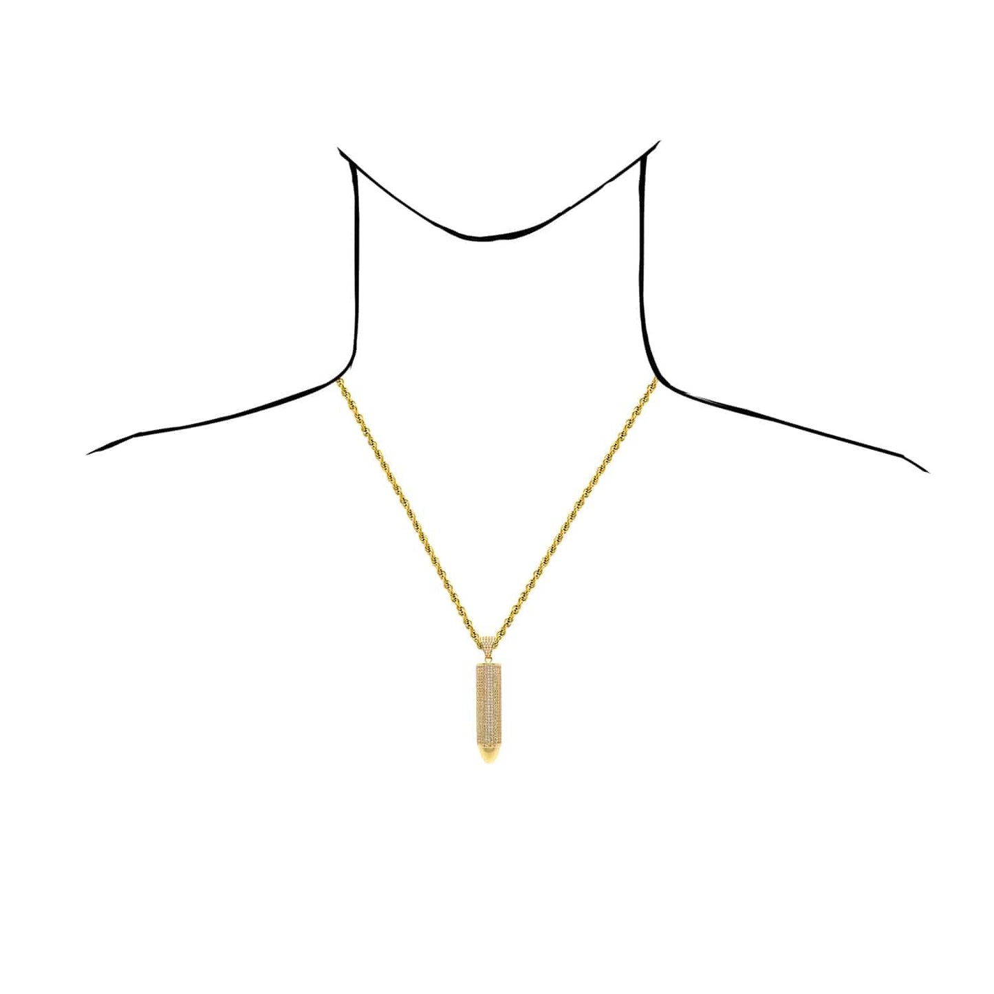 14K Real Gold Bullet-Shaped CZ Pendant 1.7" 2.2" 2.6"