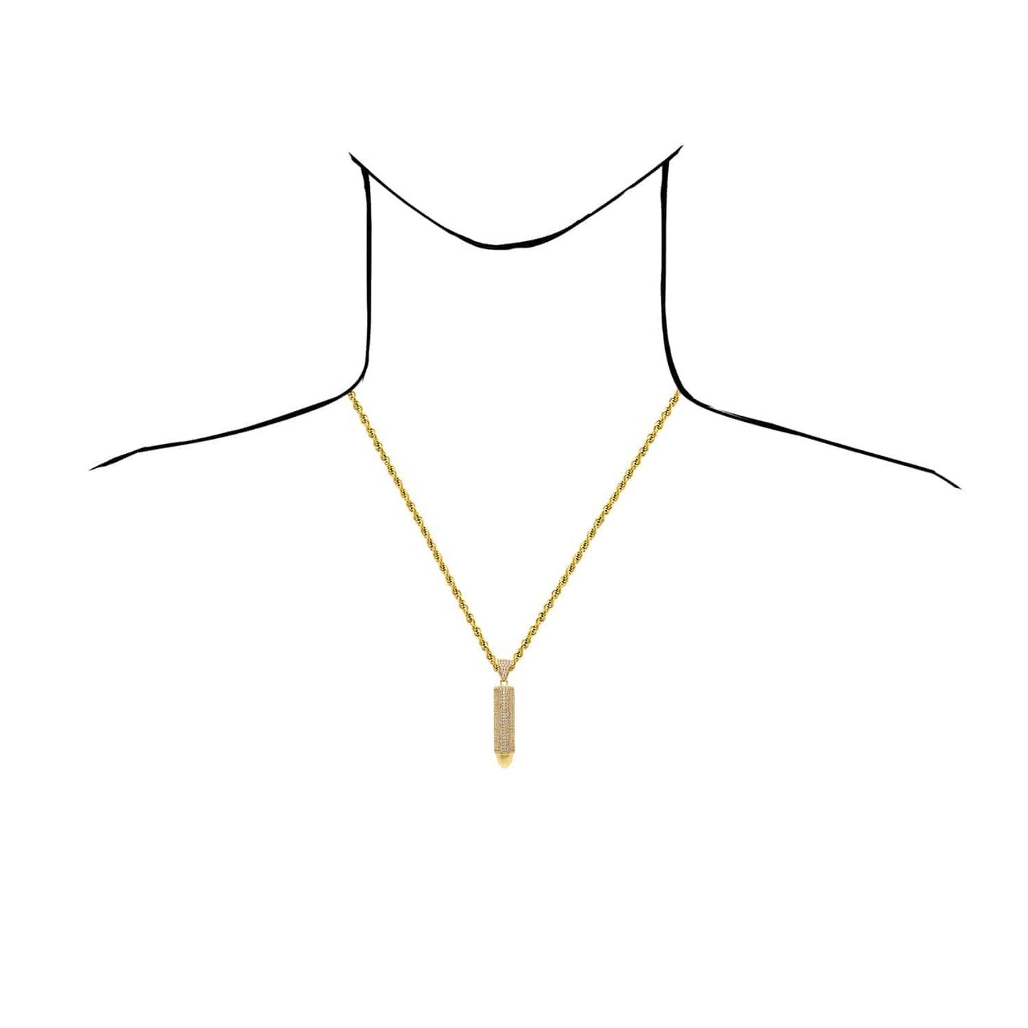 14K Real Gold Bullet-Shaped CZ Pendant 1.7" 2.2" 2.6"