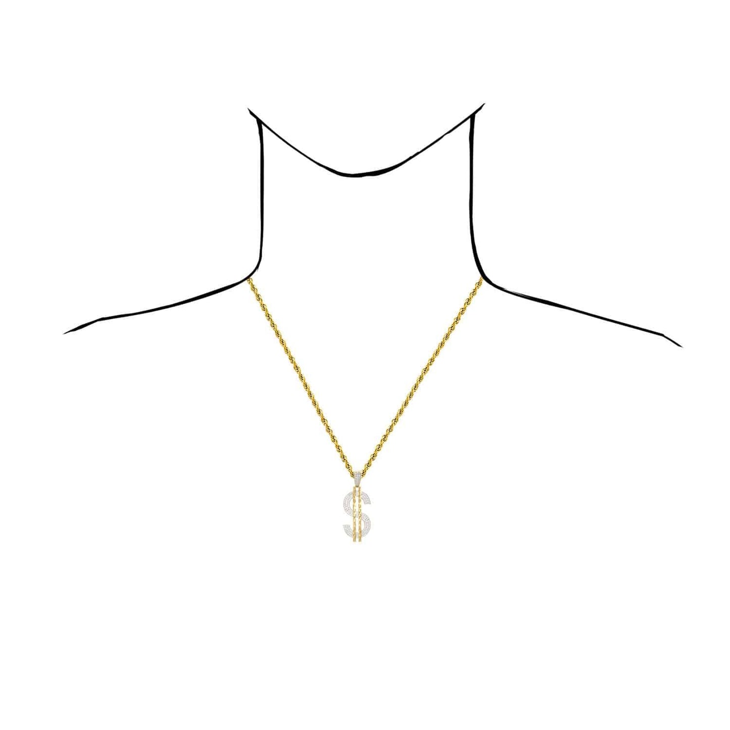 10K Yellow Gold CZ Dollar Sign Diamond Cut Pendant 1.97"