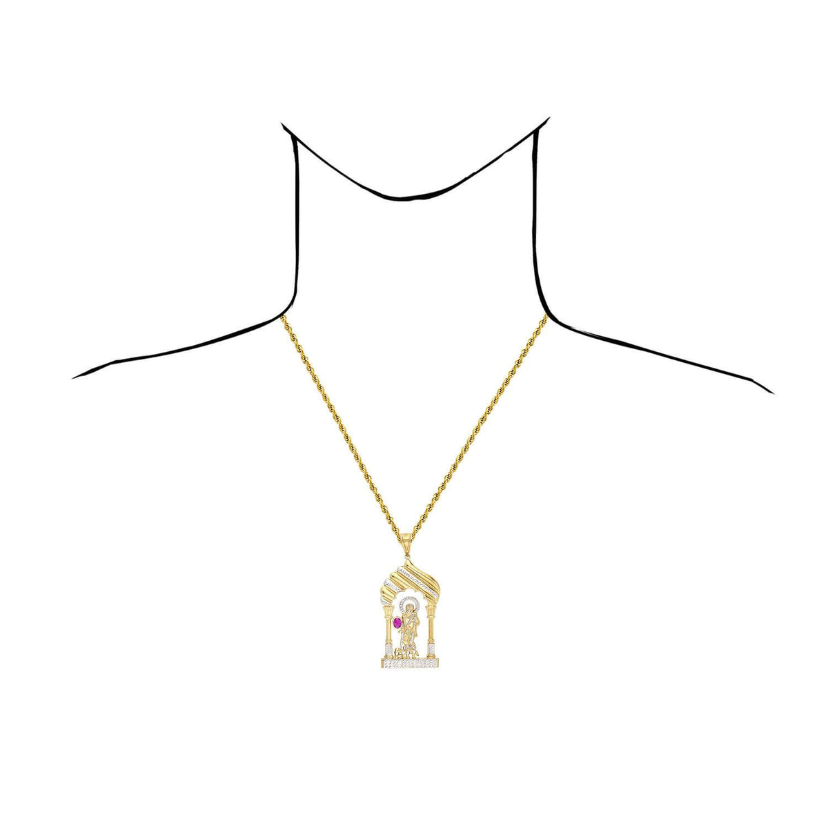 10K Yellow Gold Two Tone Diamond-Cut Red Ruby Saint Lazarus Pendant 3.3"
