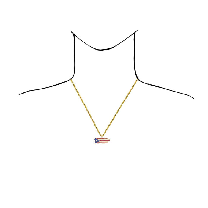 14K Yellow Gold CZ Blue Red Pave Puerto Rico Flag Map Pendant 1"