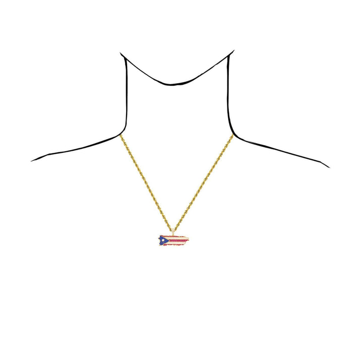 14K Yellow Gold CZ Blue Red Pave Puerto Rico Flag Map Pendant 1"