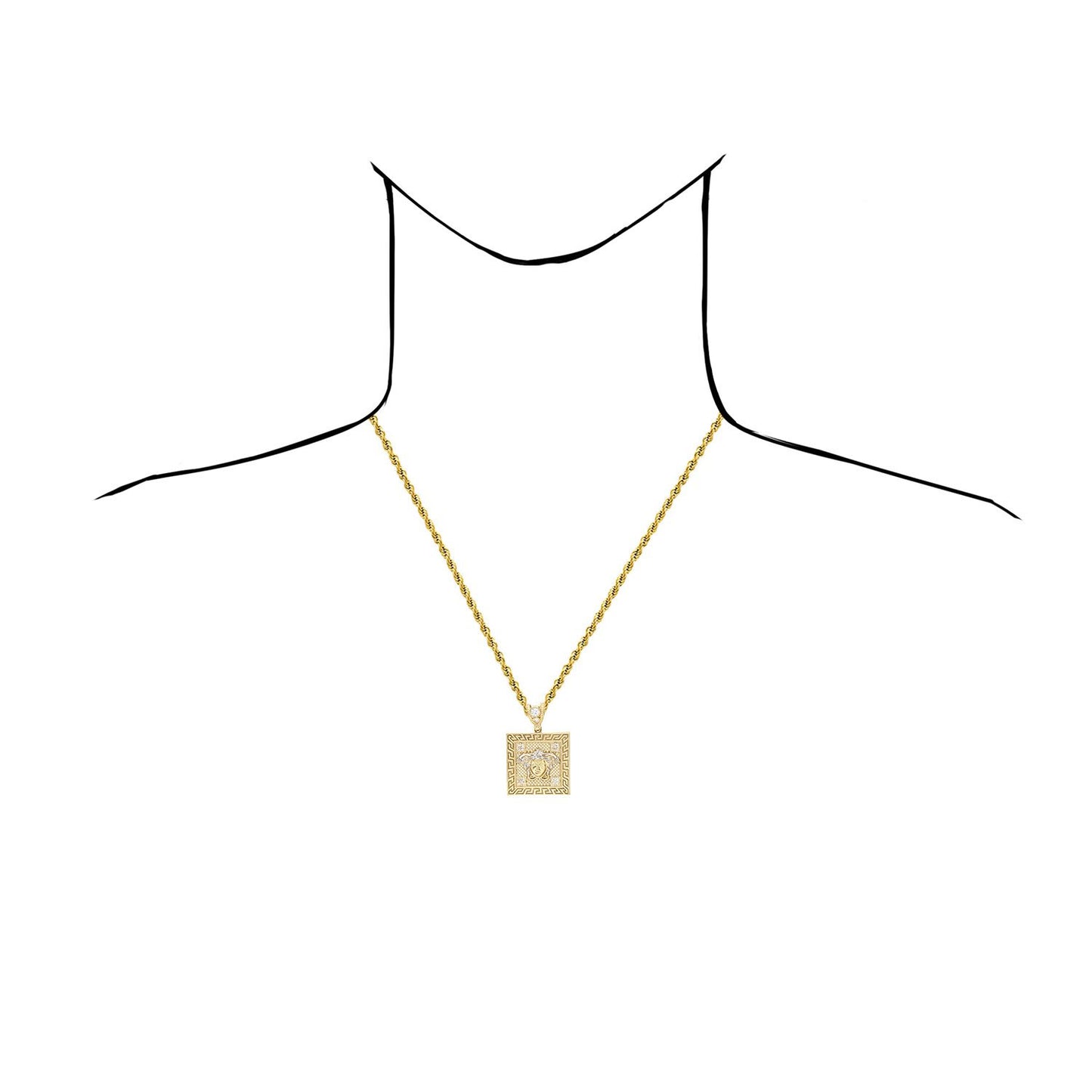 10K Yellow Gold CZ Medusa Head Greek Key Square Medallion Pendant