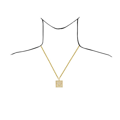 10K Yellow Gold CZ Medusa Head Greek Key Square Medallion Pendant