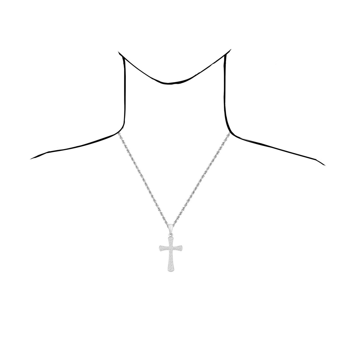 14K White Gold Diamond-Cut Religious Cross Pendant 1.3"