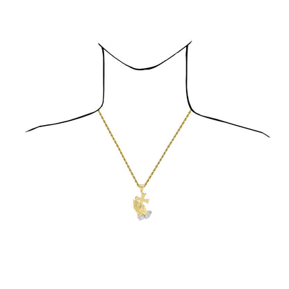 10K Real Gold Diamond-Cut Cross Praying Hands Religious Charm Pendant