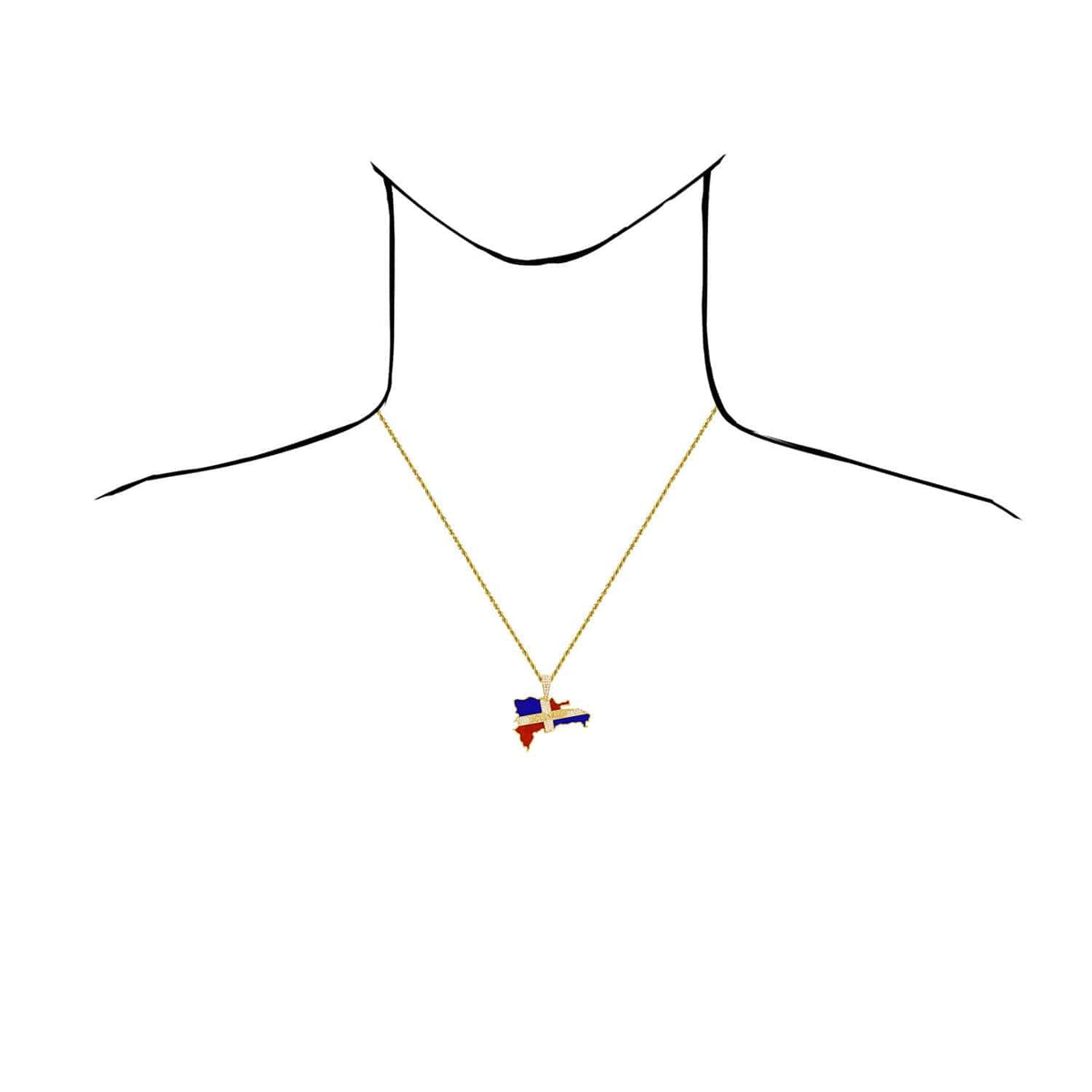 14K Yellow Gold CZ Dominican Republic Flag Map Pendant 1.15-1.4"