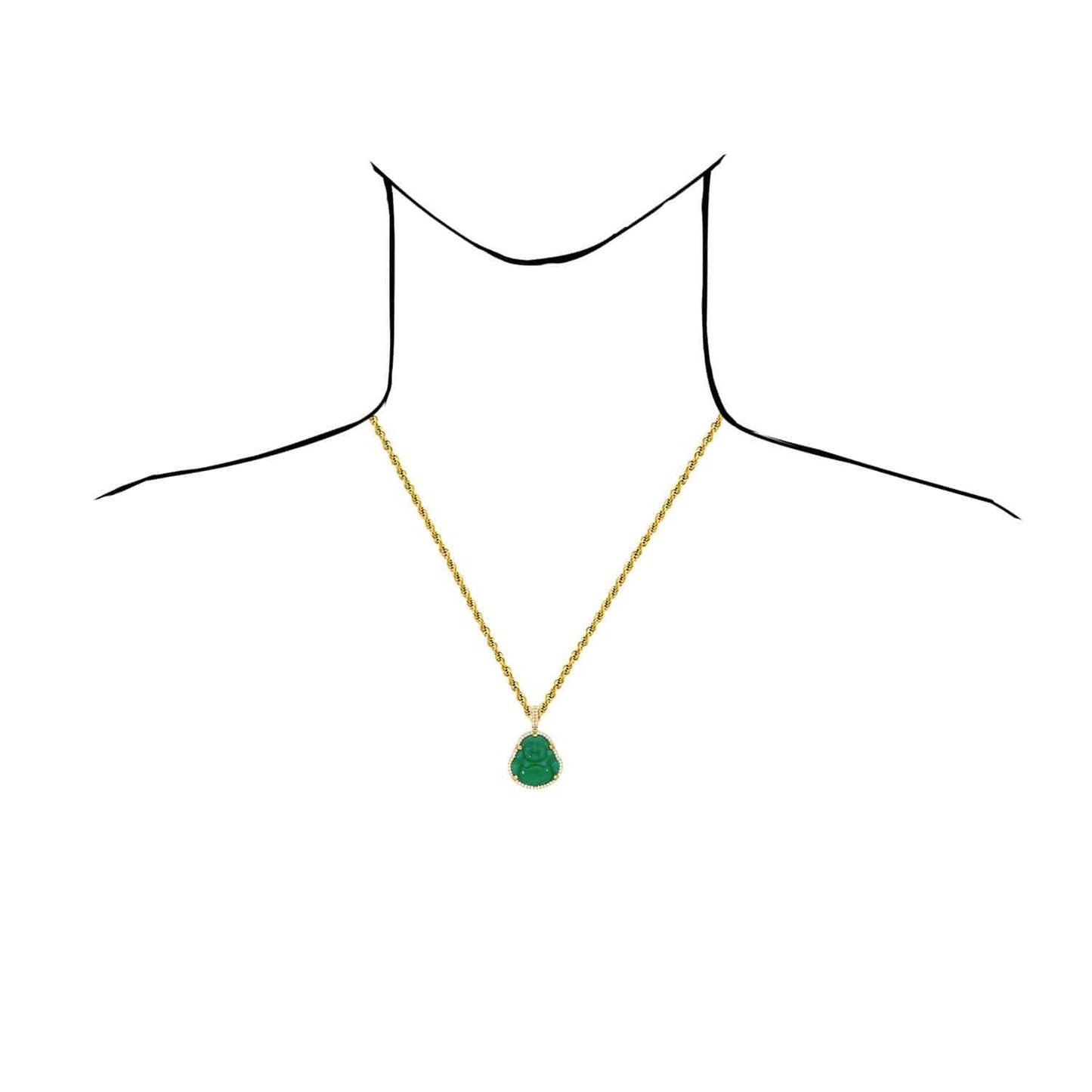 14K Gold CZ Frame Green Jade Fat Buddha Charm Pendant 1.5"-1.8"