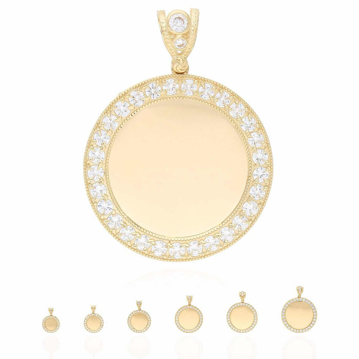 14K Yellow Gold CZ Picture Memory Frame Medallion Pendant 24-50mm