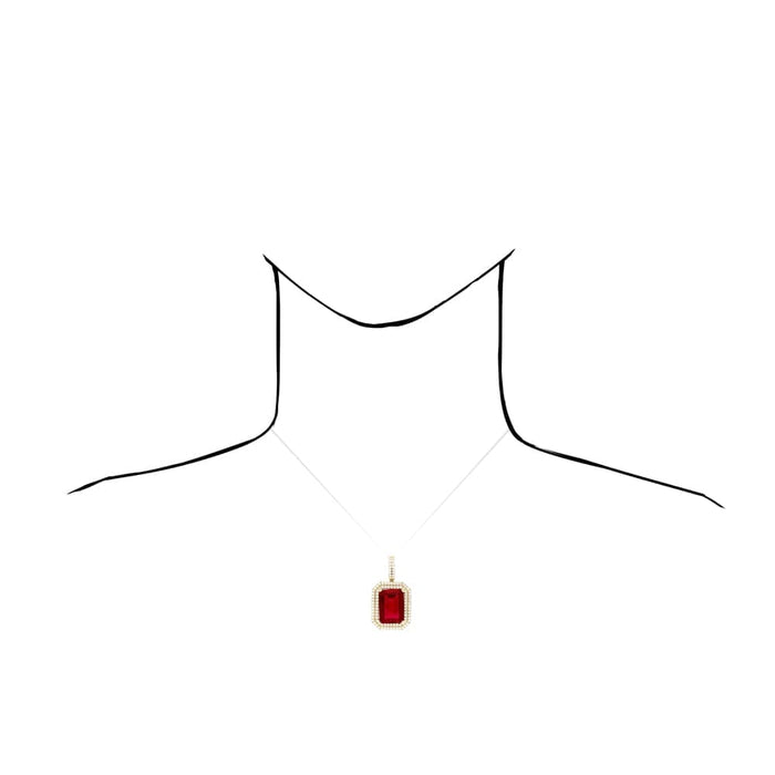 24Ct Emerald-Cut Simulated Ruby Solitaire Halo 10k Yellow Gold Pendant 2"