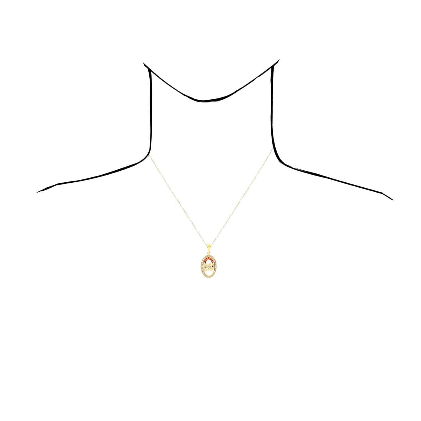 10K Yellow Gold CZ Enameled Puerto Rico Map Oval Shape Disc Pendant