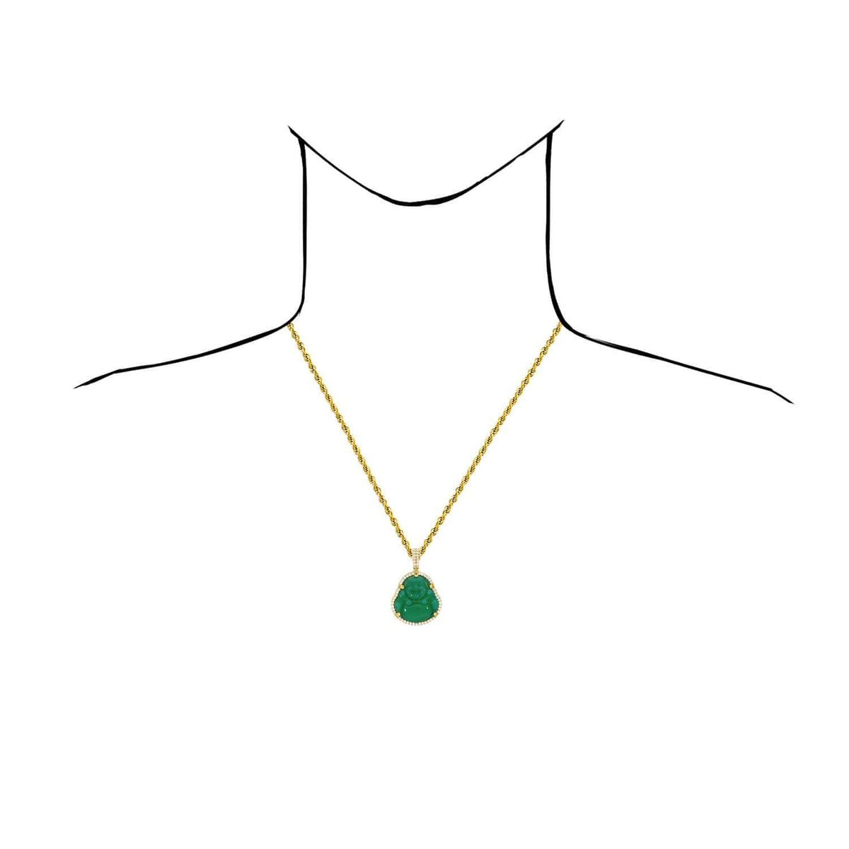 14K Gold CZ Frame Green Jade Fat Buddha Pendant 1.5" - 1.8" - WJD Exclusives