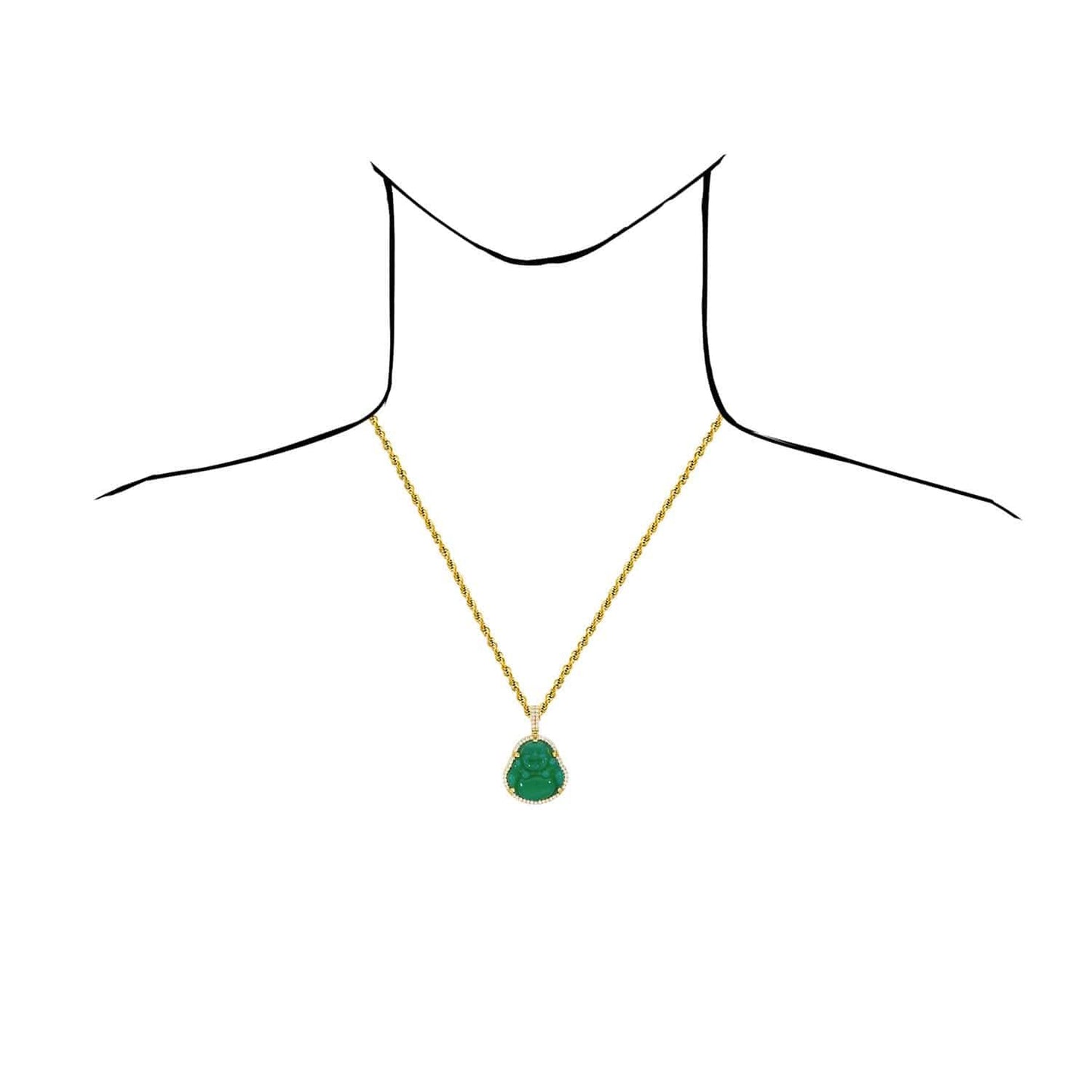 14K Gold CZ Frame Green Jade Fat Buddha Charm Pendant 1.5"-1.8"