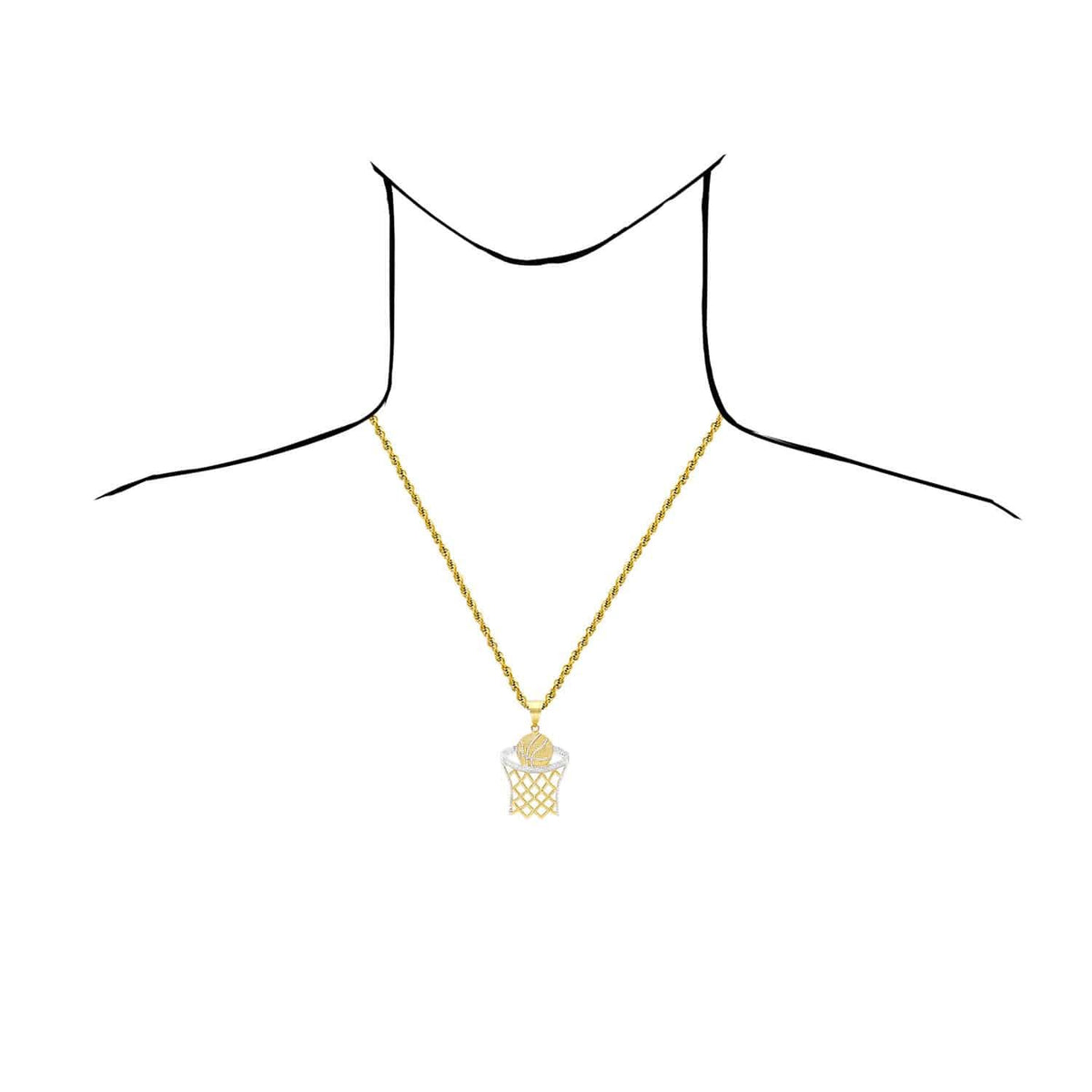 10K Yellow Gold Two-Tone Diamond-Cut Basketball Hoop Sport Pendant 1.57"-2.76"