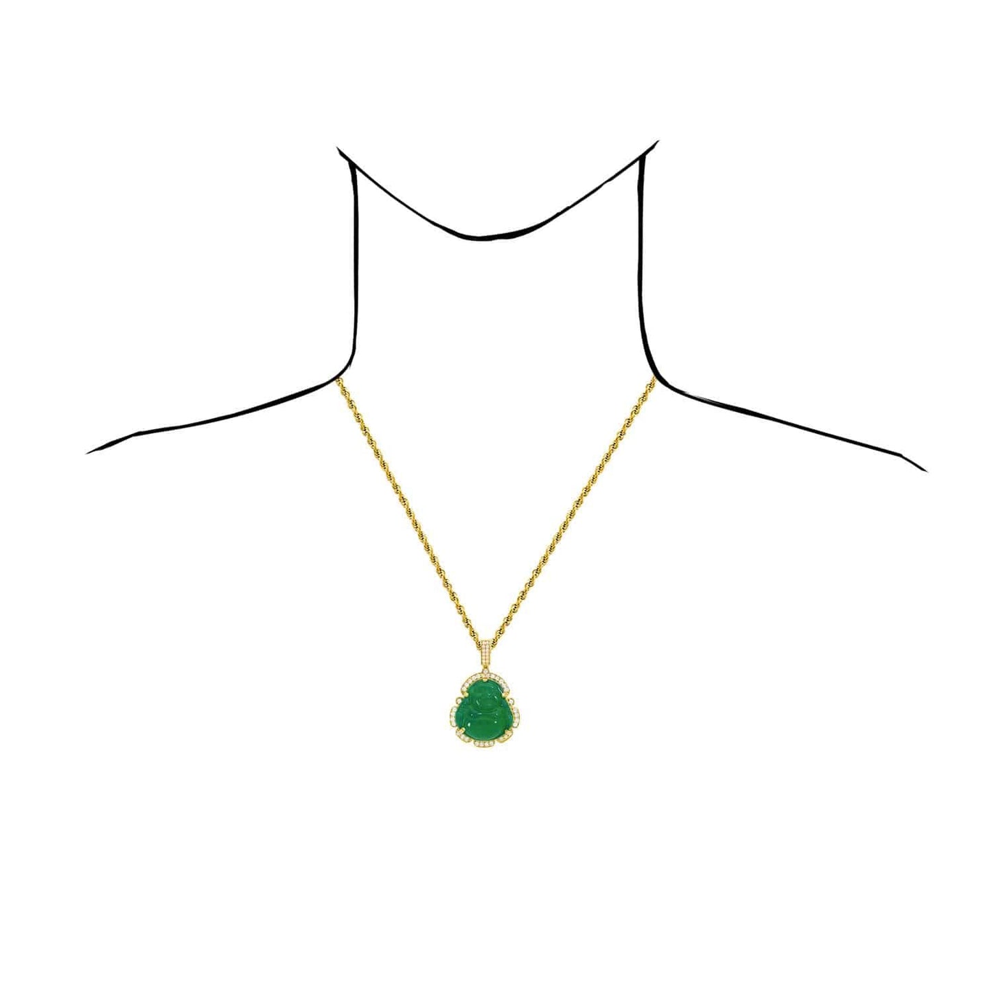14K Yellow Gold CZ Frame Green Jade Buddha Charm Pendant 1.7-2.2"