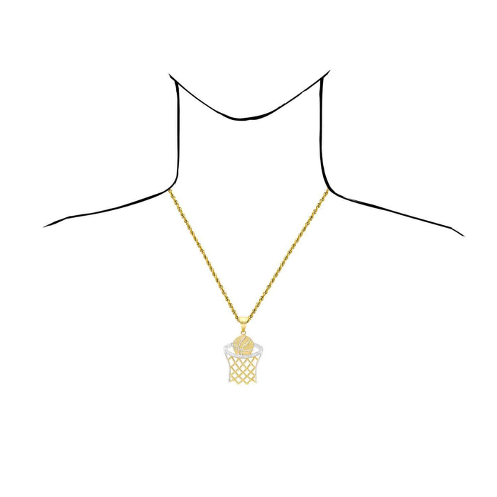 10K Yellow Gold Two-Tone Diamond-Cut Basketball Hoop Sport Pendant 1.57"-2.76"