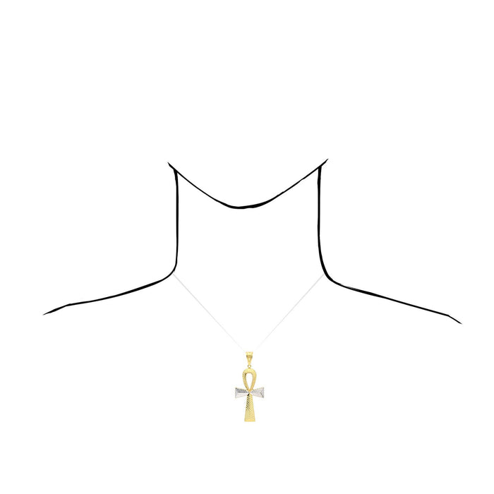 10K Two-Tone Yellow White Gold Diamond-Cut Egyptian Ankh Cross Pendant