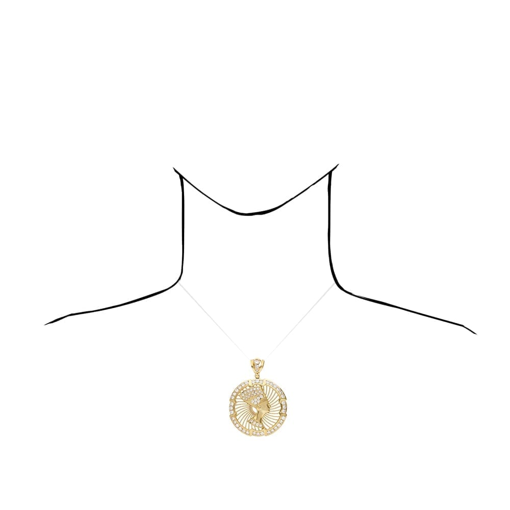10K Yellow Gold CZ Egyptian Queen Nefertiti Medallion Pendant 3"