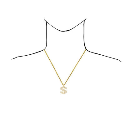 14K Gold Over Silver Ice Out CZ Pave Dollar Sign Pendant 1.6"