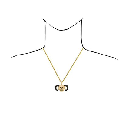 14K Yellow Gold CZ Pave Horned Ram Skull Charm Pendant 1.7"