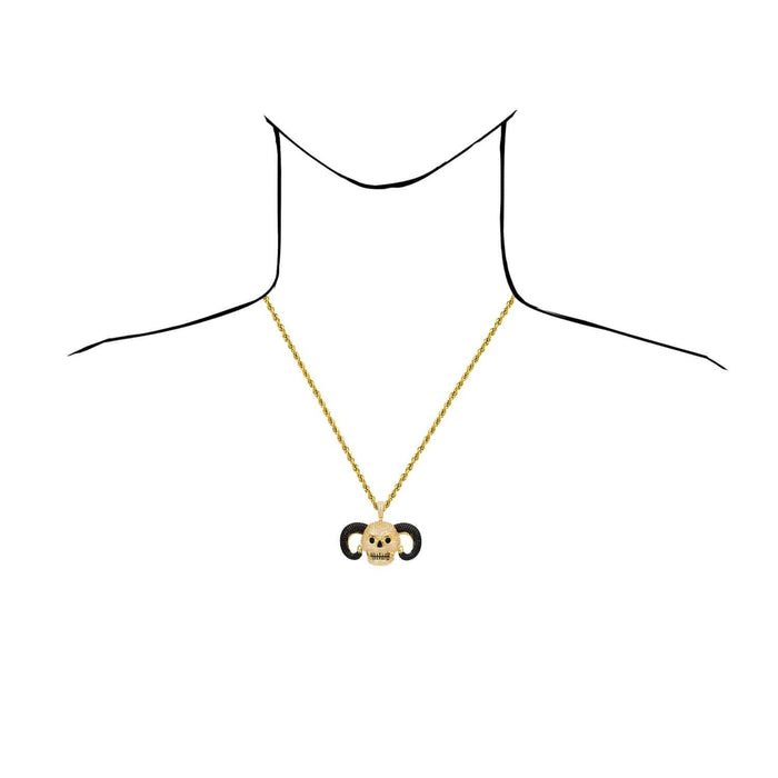 14K Yellow Gold CZ Pave Horned Ram Skull Pendant 1.7" - WJD Exclusives