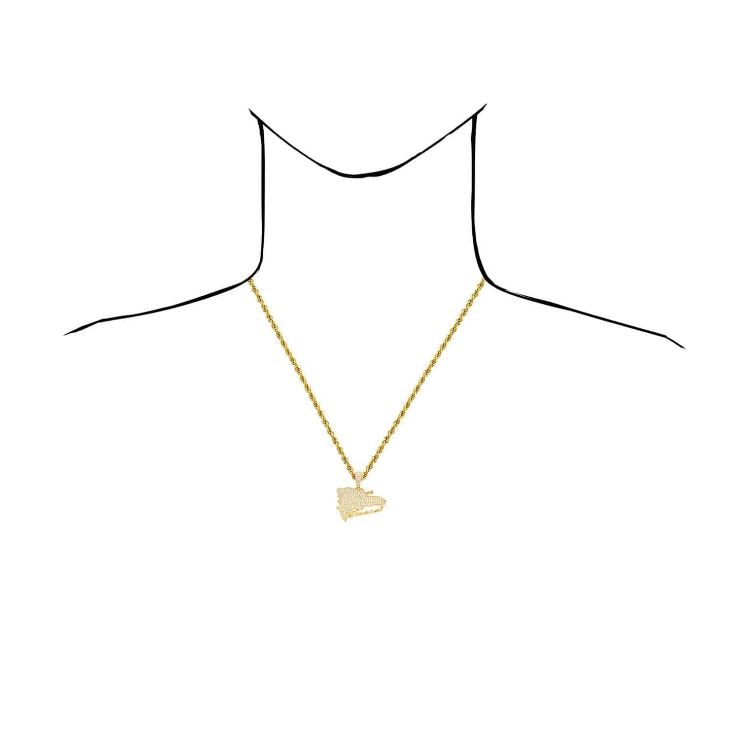 14K Yellow Gold CZ Pave Dominican Map Charm Pendant 1.3"