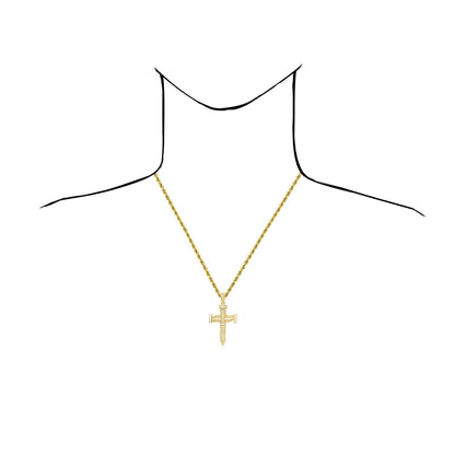 14K Yellow Gold Simulated Baguette Diamond Double Nail Cross Pendant 2.4"