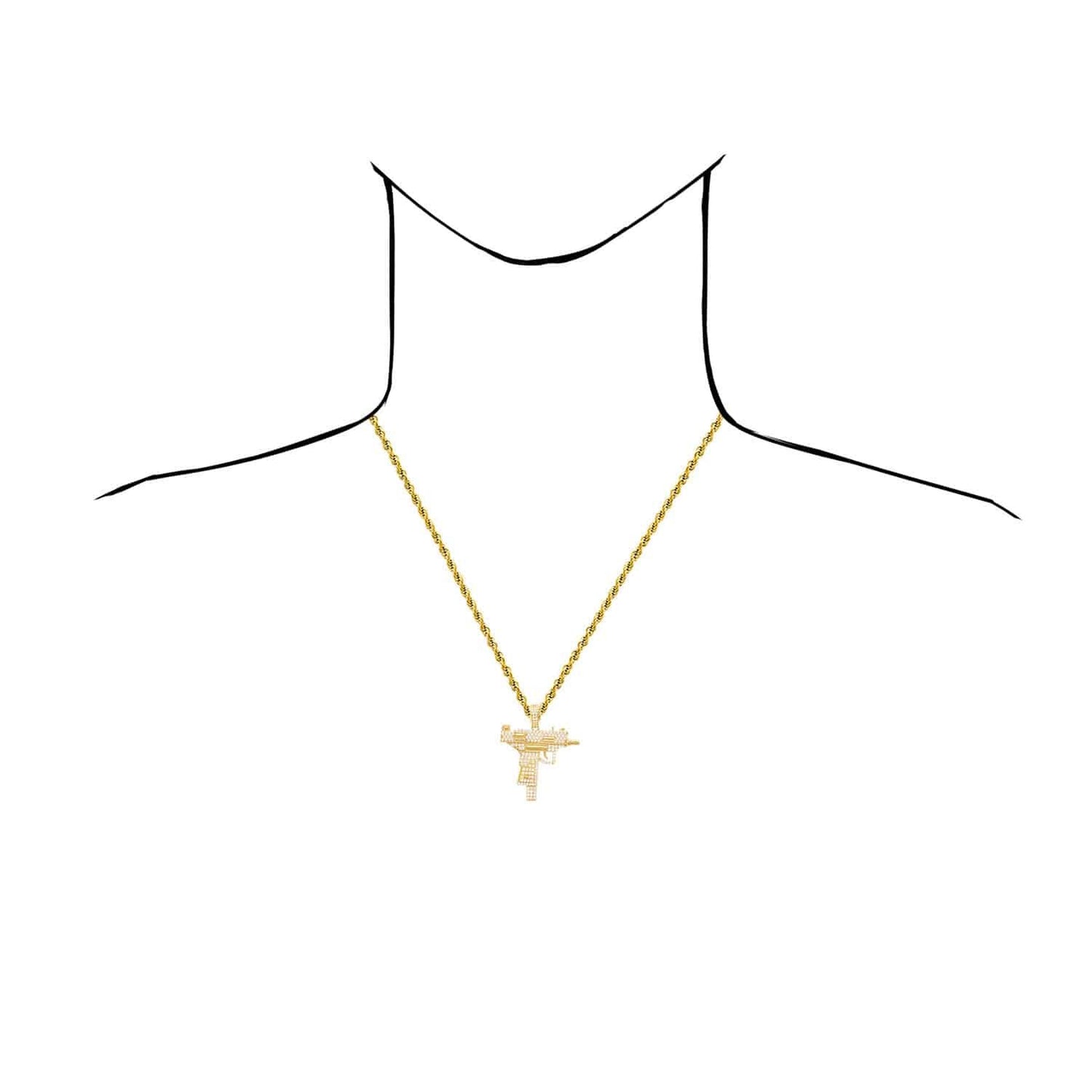 14K Yellow Gold CZ Pave Uzi Machine Gun Pistol Charm Pendant 1.8"