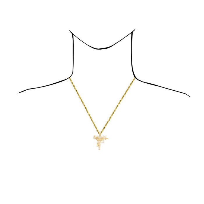 14K Yellow Gold CZ Pave Uzi Machine Gun Pistol Pendant 1.8"