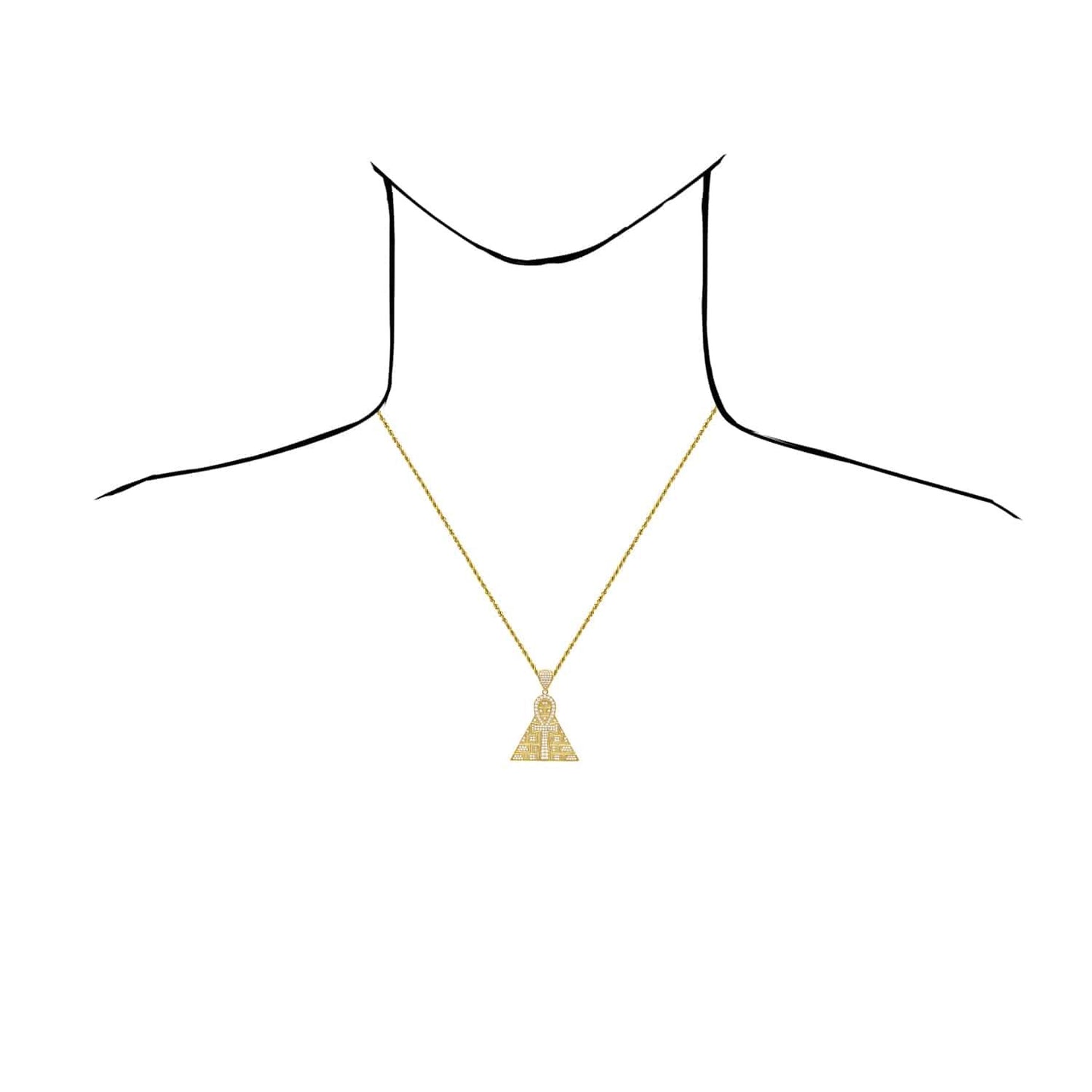10K Yellow Gold CZ Egyptian Ankh Pyramid Pendant 1.7"