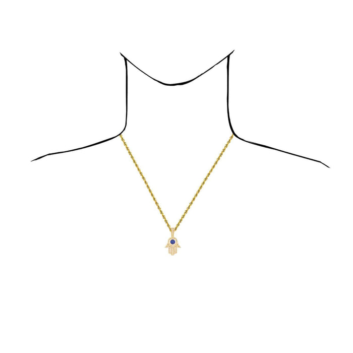14K Yellow Gold CZ Baguette Sapphire Hamsa Pendant 1.6"