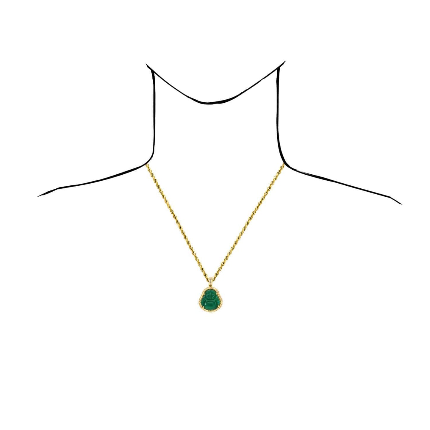 14K Yellow Gold CZ Frame Green Jade Buddha Charm Pendant 1.6"