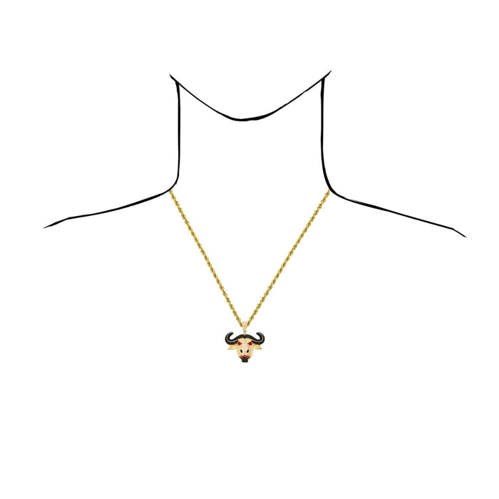 14K Yellow Gold CZ Red Eyes Bull Buffalo Pendant 1.6" - WJD Exclusives