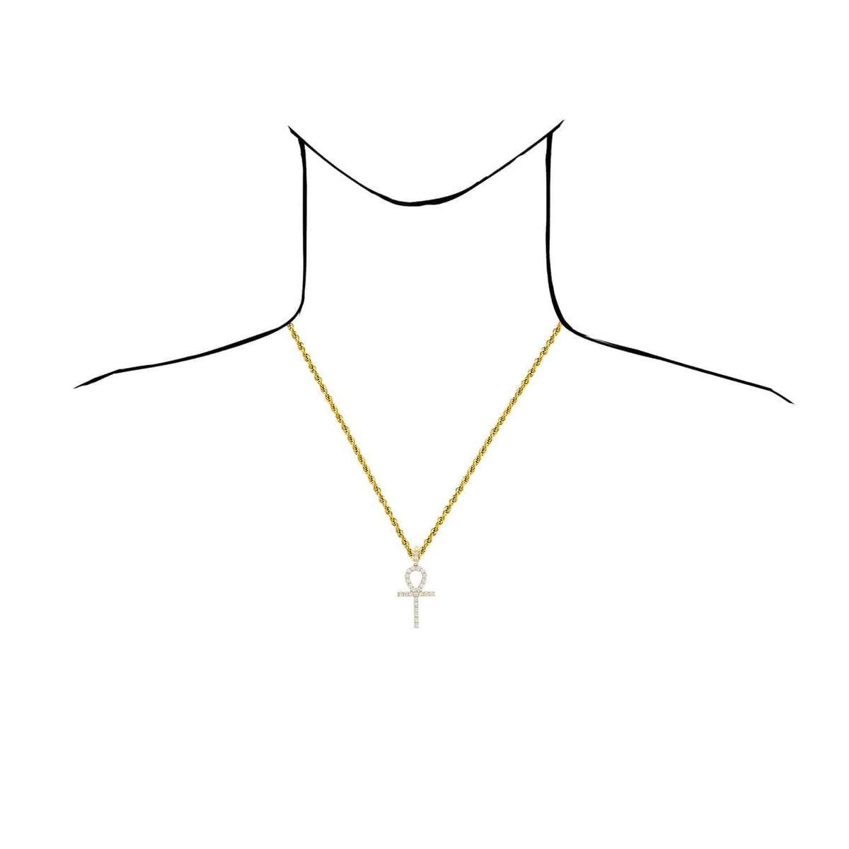 18K Gold Yellow White Over Silver CZ Ankh Cross Pendant 2" - WJD Exclusives