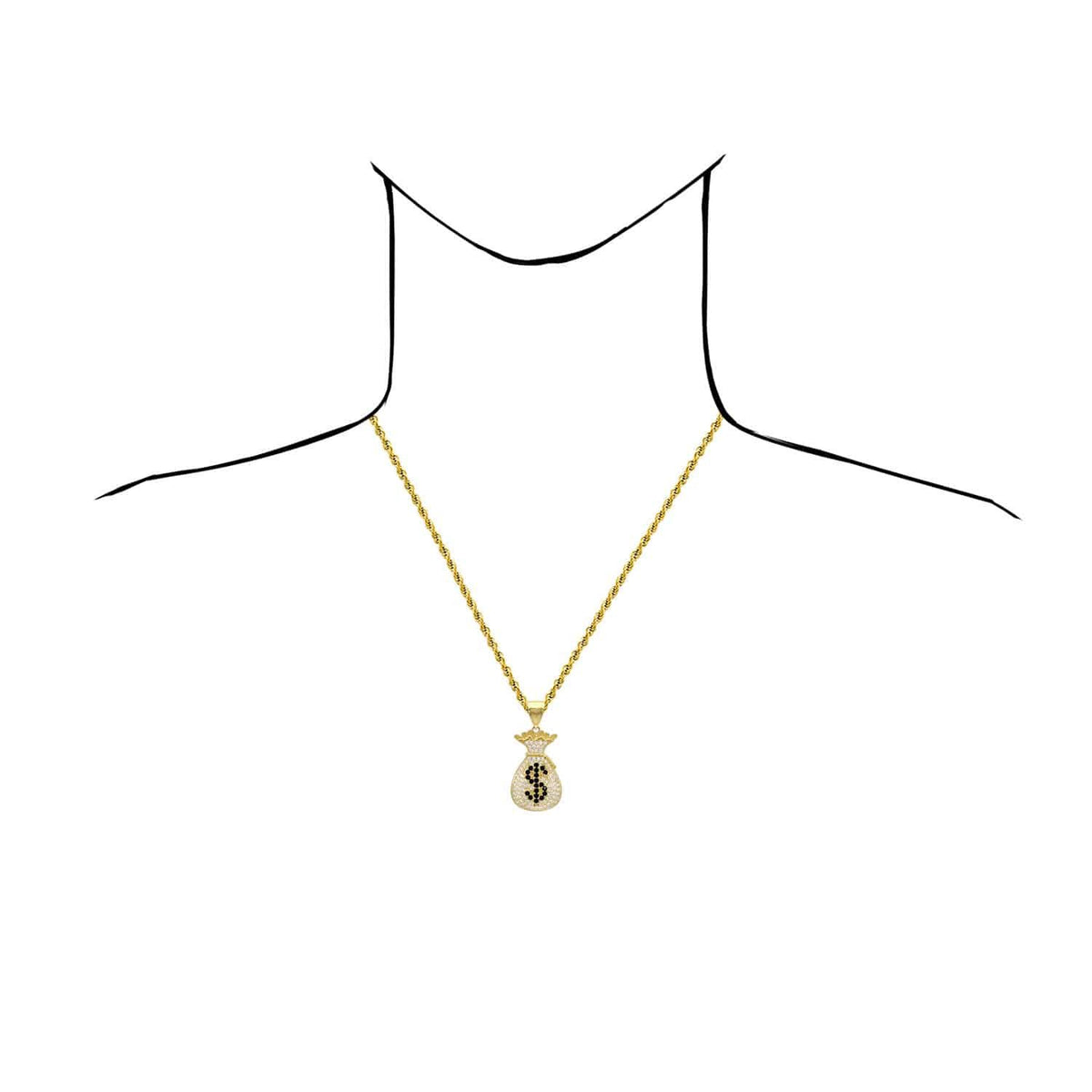 14K Yellow Gold CZ And Onyx Dollar $ Sign Money Bag Pendant